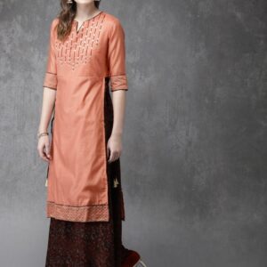 Anouk Women Peach-Coloured & Red Embroidered Kurta with Palazzos