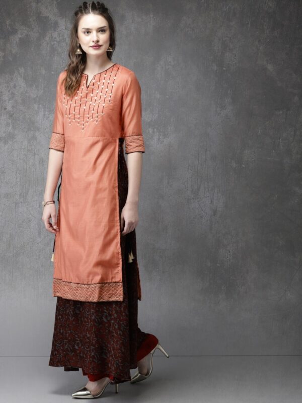 Anouk Women Peach-Coloured & Red Embroidered Kurta with Palazzos