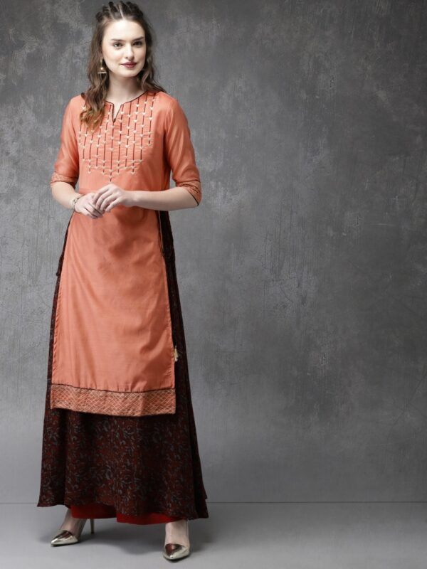 Anouk Women Peach-Coloured & Red Embroidered Kurta with Palazzos