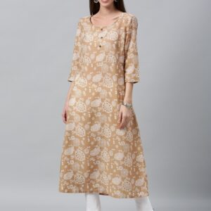 Anouk Women Brown & White Printed A-Line Kurta