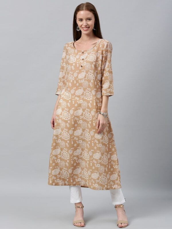 Anouk Women Brown & White Printed A-Line Kurta