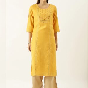 House of Pataudi Women Straight Kurta With Embroidered Yoke Design