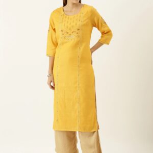 House of Pataudi Women Straight Kurta With Embroidered Yoke Design