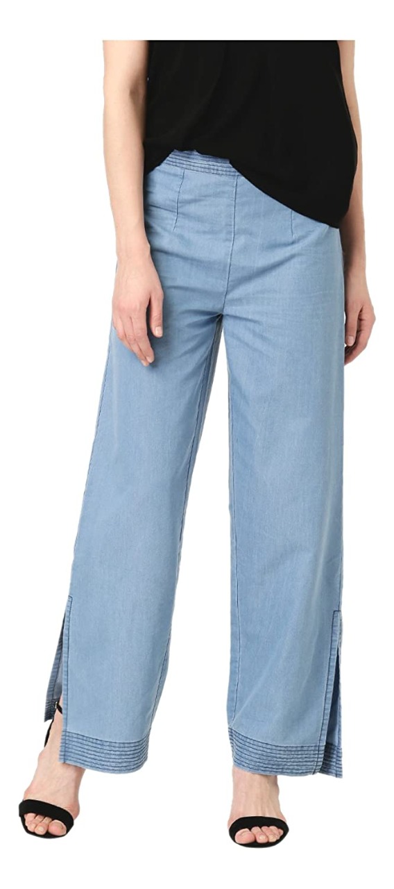 Marie Claire Women Blue Solid Denim Flat-Front Trousers