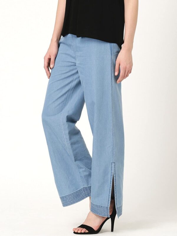 Marie Claire Women Blue Solid Denim Flat-Front Trousers