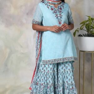 Biba Printed Polyester Round Neck Womens Palazzo Kurta Dupatta Set