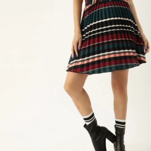 U&F Multicoloured Striped Accordion Pleat Flared Skirt