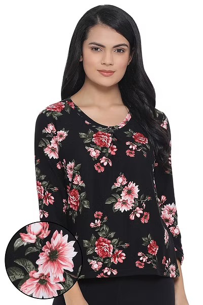 Floral Print Top in Black - Cotton Rich