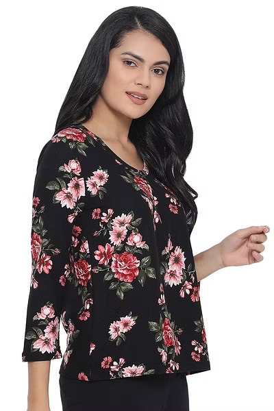 Floral Print Top in Black - Cotton Rich