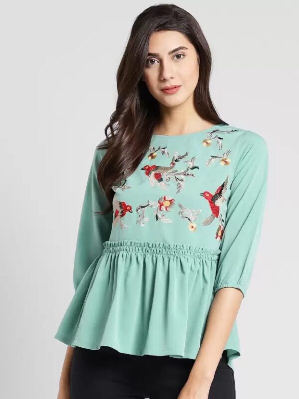 PLUSS Casual Regular Sleeves Embroidered Women Top