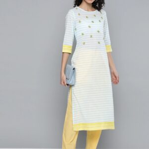 HERE&NOW Blue & White Pure Cotton Striped Thread Work Straight Kurta