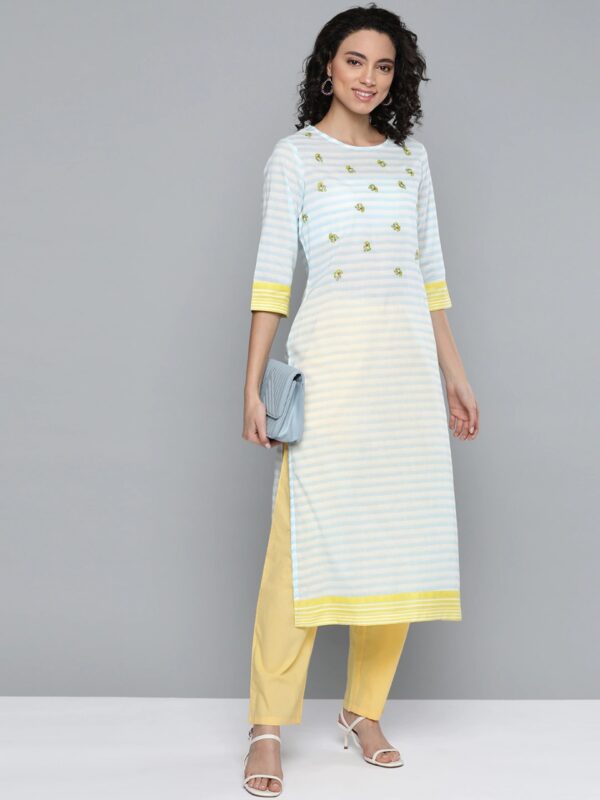 HERE&NOW Blue & White Pure Cotton Striped Thread Work Straight Kurta