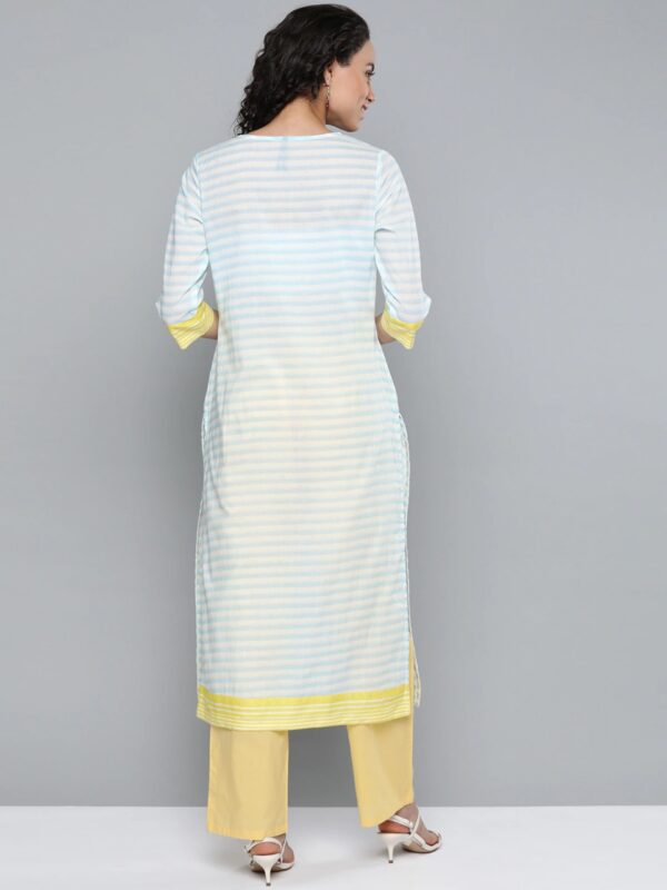 HERE&NOW Blue & White Pure Cotton Striped Thread Work Straight Kurta