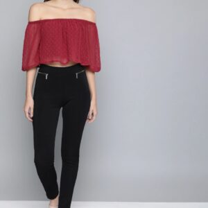 HERE&NOW Women Self Design Dobby Weave Cropped Bardot Top