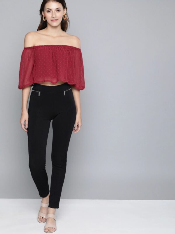 HERE&NOW Women Self Design Dobby Weave Cropped Bardot Top