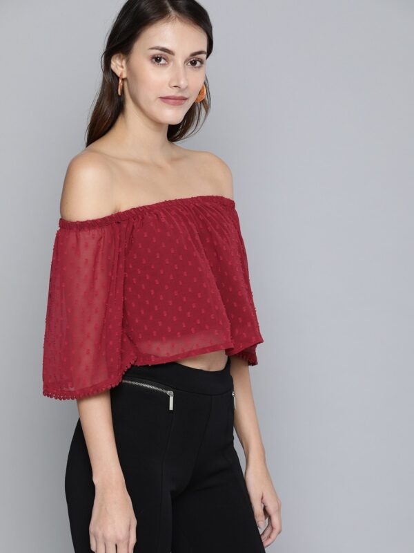 HERE&NOW Women Self Design Dobby Weave Cropped Bardot Top