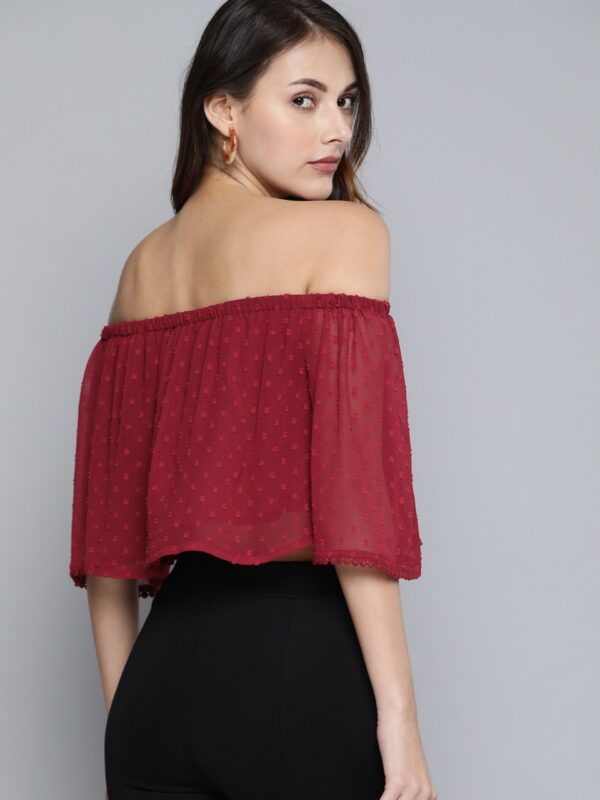 HERE&NOW Women Self Design Dobby Weave Cropped Bardot Top