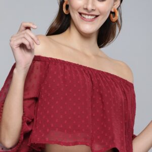 HERE&NOW Women Maroon Self Design Dobby Weave Cropped Bardot Top