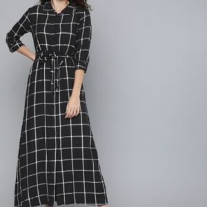 HERE&NOW Women Black & Grey Checked Maxi Dress