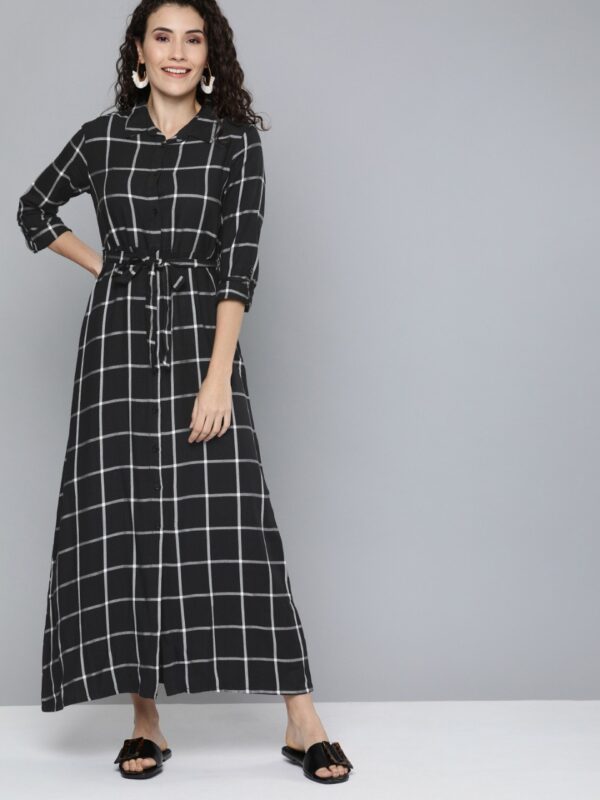 HERE&NOW Women Black & Grey Checked Maxi Dress