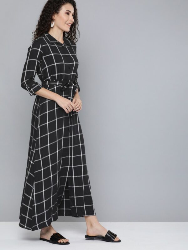 HERE&NOW Women Black & Grey Checked Maxi Dress