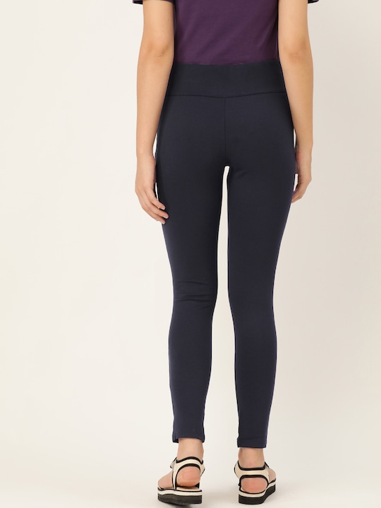 ether Women Navy Blue Solid Treggings