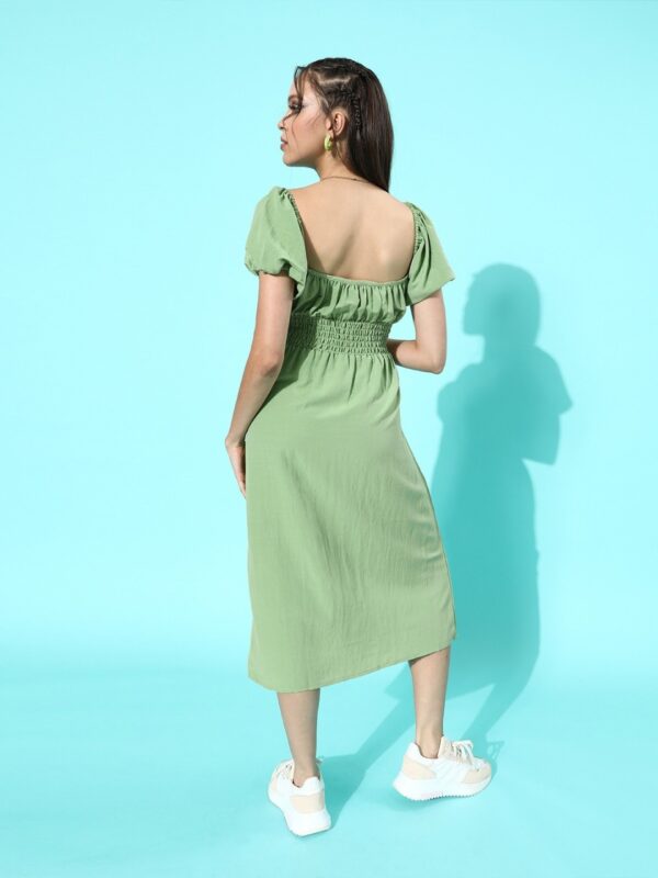 Moda Rapido Green Gathered Smocked A-Line Midi Dress