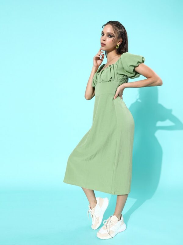 Moda Rapido Green Gathered Smocked A-Line Midi Dress