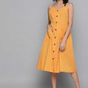 HERE&NOW Women Smocked Cotton A-Line Midi Dress