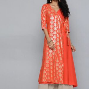 HERE&NOW Women Printed Asymmetric Angrakha A-Line Kurta