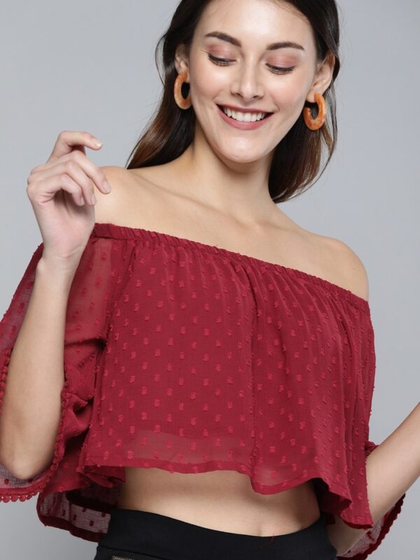 HERE&NOW Women Self Design Dobby Weave Cropped Bardot Top