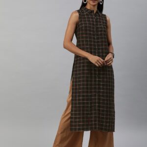 Anouk Women Black & Gold-Toned Checked Straight Kurta