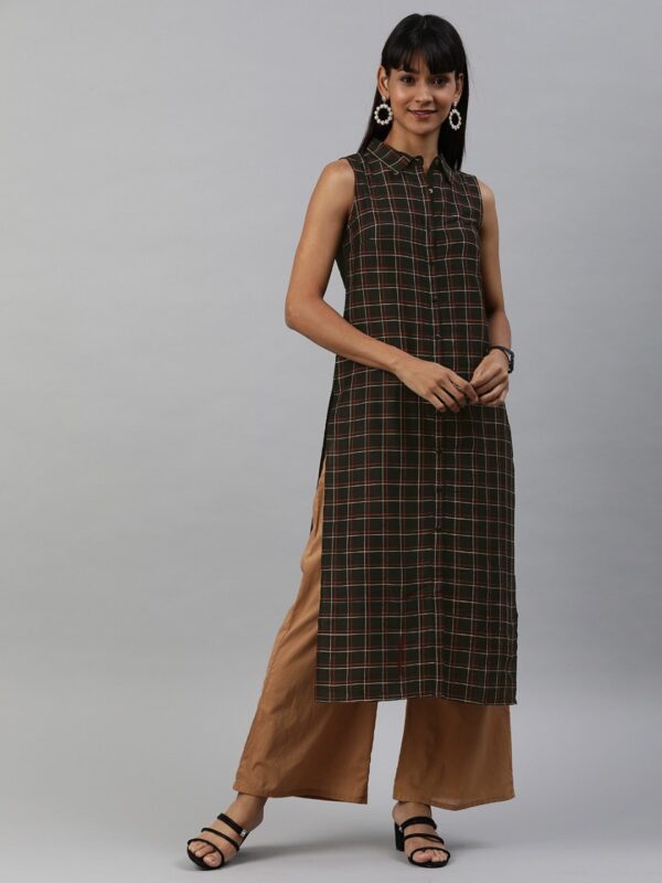 Anouk Women Black & Gold-Toned Checked Straight Kurta