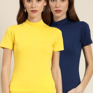 Moda Rapido Pack of 2 Women Solid High Neck T-shirt