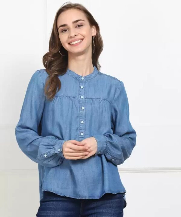 LEVI"S Casual Cuffed Sleeves Solid Women Blue Top