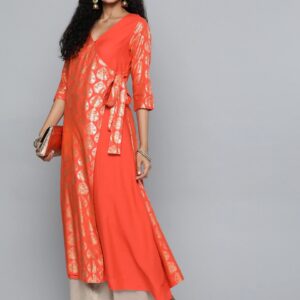 HERE&NOW Women Printed Asymmetric Angrakha A-Line Kurta