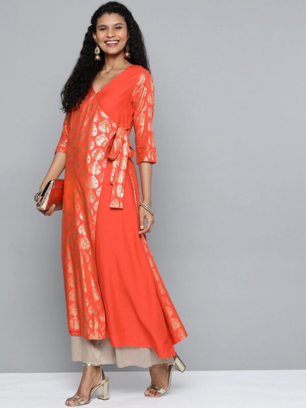 HERE&NOW Women Printed Asymmetric Angrakha A-Line Kurta