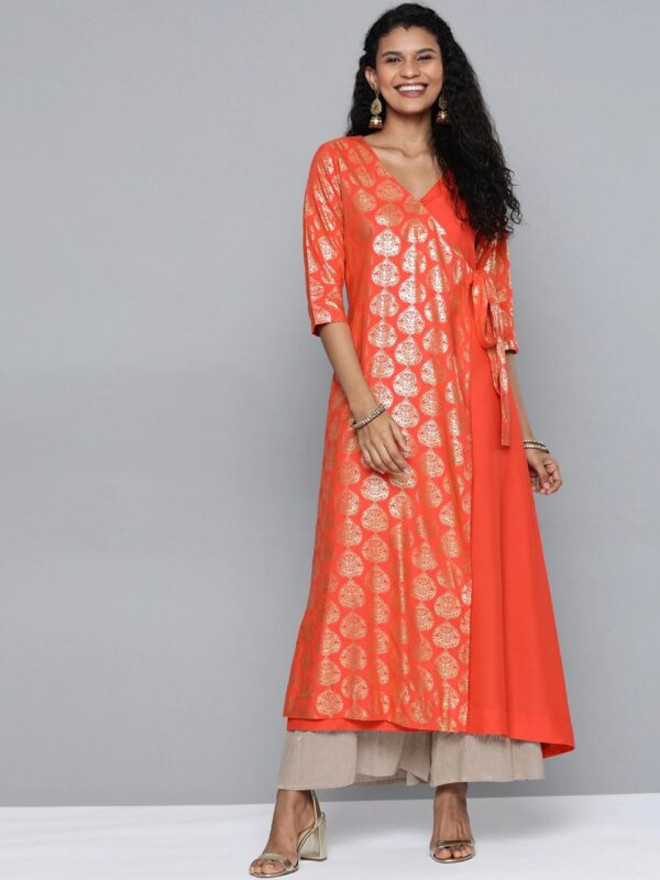 HERE&NOW Women Printed Asymmetric Angrakha A-Line Kurta