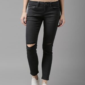 HERE&NOW Women Cropped Mid-Rise Skinny Fit Black Slash Knee Stretchable Jeans