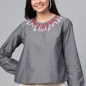 HERE&NOW Women Solid Chambray Pure Cotton Top