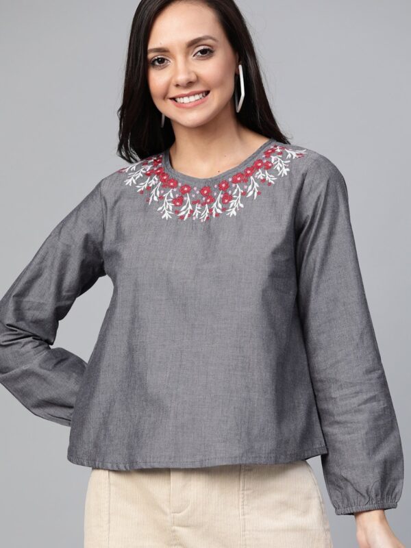 HERE&NOW Women Solid Chambray Pure Cotton Top