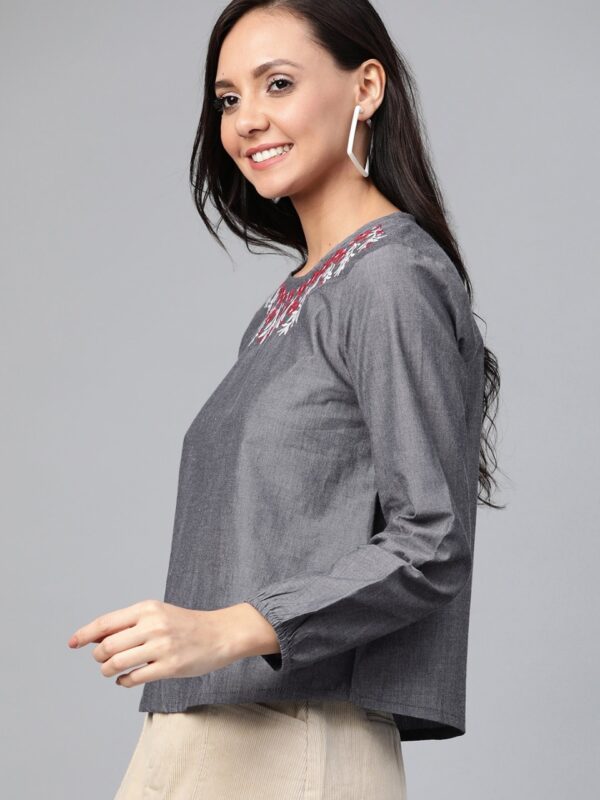 HERE&NOW Women Solid Chambray Pure Cotton Top