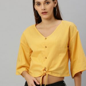 HERE&NOW Women Solid Waist Tie-Up Pure Cotton Top