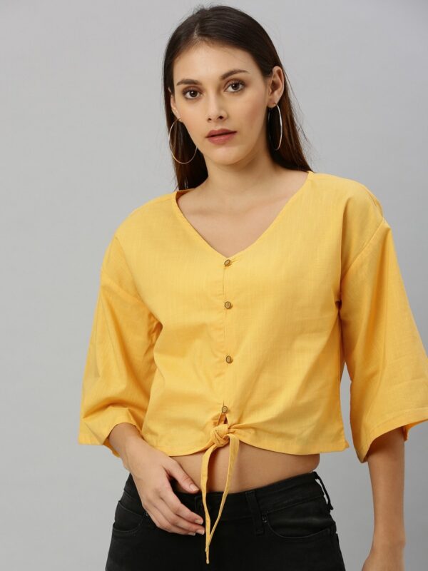 HERE&NOW Women Solid Waist Tie-Up Pure Cotton Top