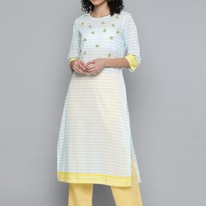 HERE&NOW Pure Cotton Striped Thread Work Straight Kurta