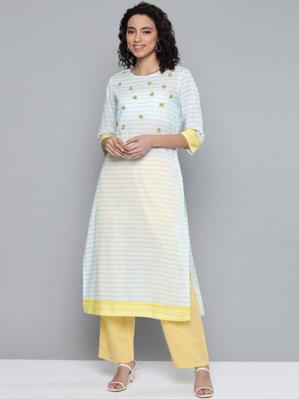 HERE&NOW Pure Cotton Striped Thread Work Straight Kurta