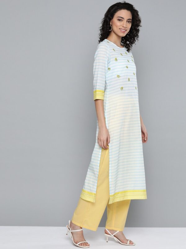 HERE&NOW Pure Cotton Striped Thread Work Straight Kurta