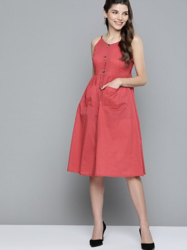 HERE&NOW Women Pure Cotton Solid A-Line Dress