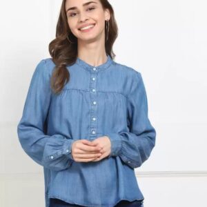 LEVI"S Casual Cuffed Sleeves Solid Women Blue Top