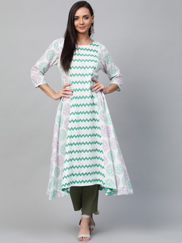 Sangria Women White & Green Printed A-Line Kurta